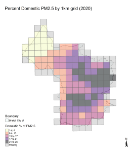 Map to show percent domestic PM2.5 in Bristol by 1km grid (2020)