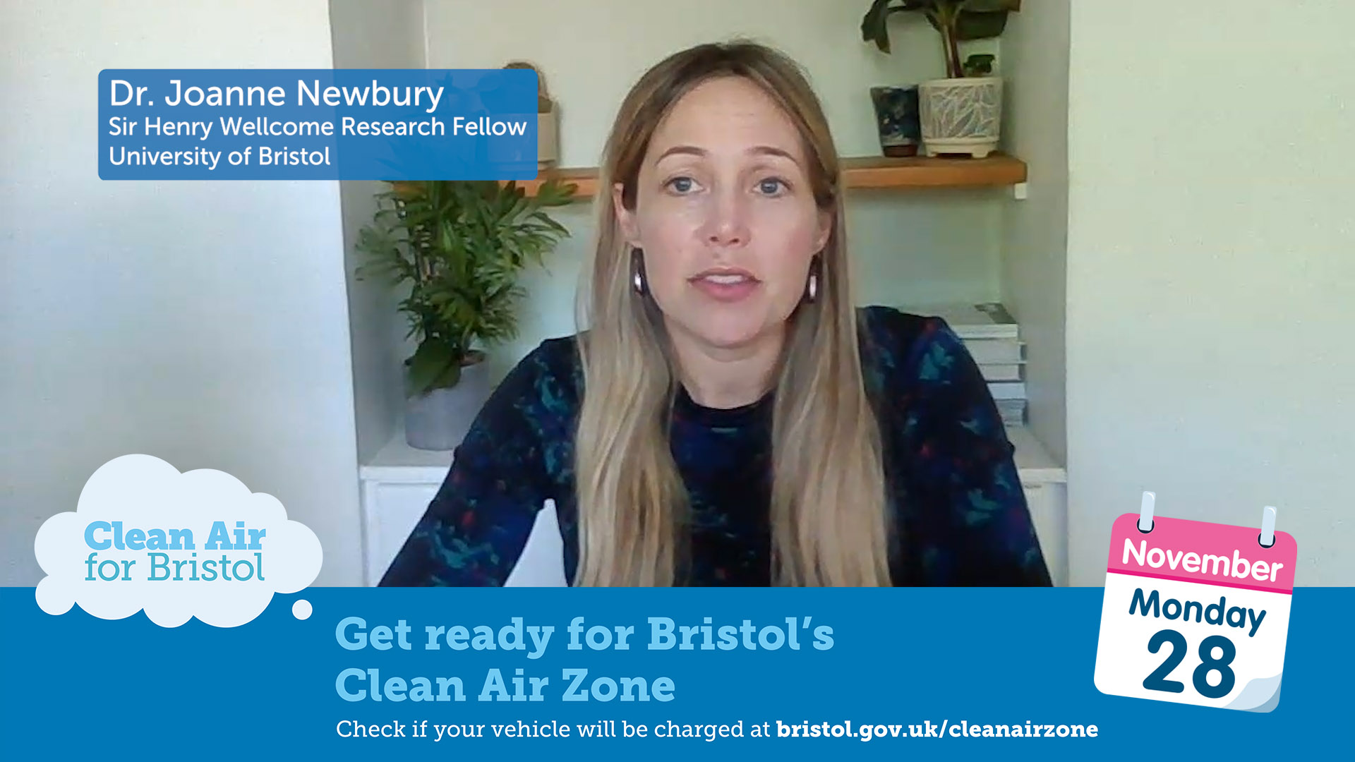Landscape thumbnail showing Dr Joanne Newbury with title and border with 28 November shown as launch of Clean Air Zone