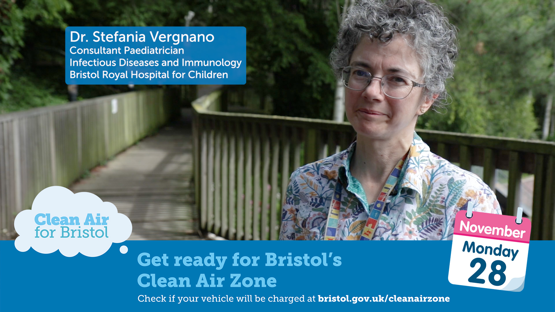 Dr Stefania Vergnano standing outside the hospital with a blue border to the bottom that reads 'Get ready for Bristol's Clean Air Zone'